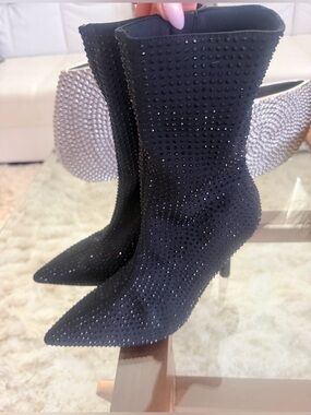 Zara Women's Black Crystal-Embellished Pointed Toe Sock Boot Size 41 10